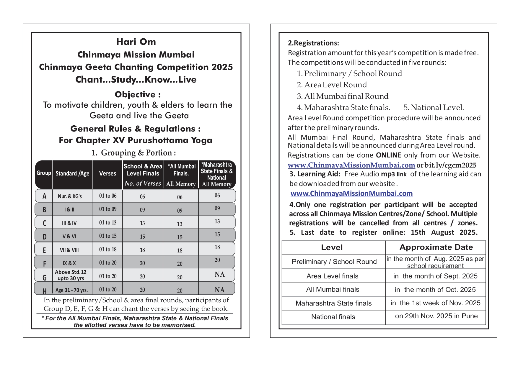 Chinmaya Geeta Chanting Competition 2025 Rules & regulations